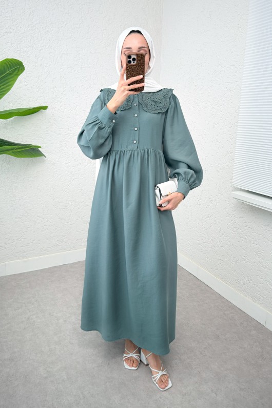 Dantel Yaka Modal Elbise 2258 - MİNT YEŞİLİ