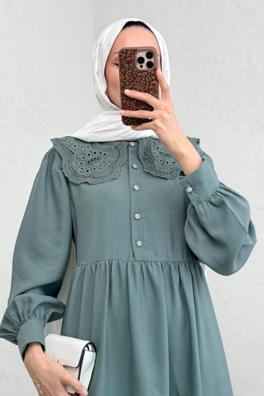 Dantel Yaka Modal Elbise 2258 - MİNT YEŞİLİ