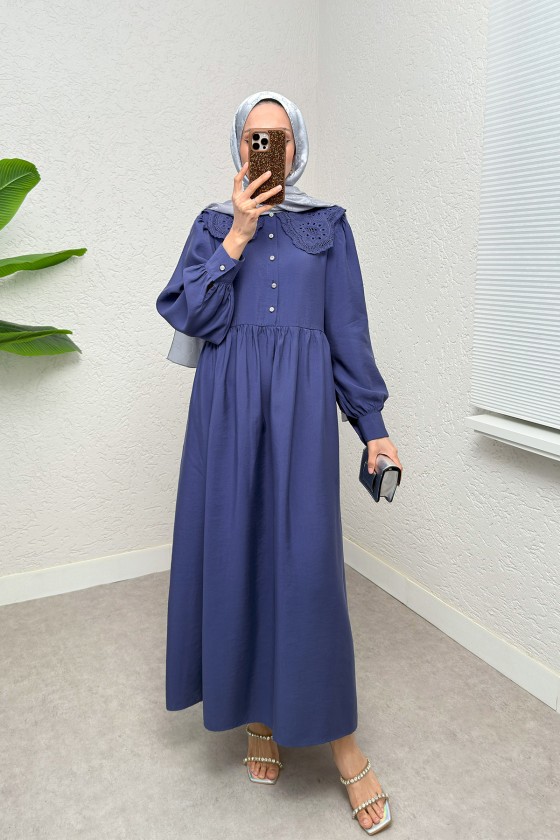 Dantel Yaka Modal Elbise 2258 - İNDİGO