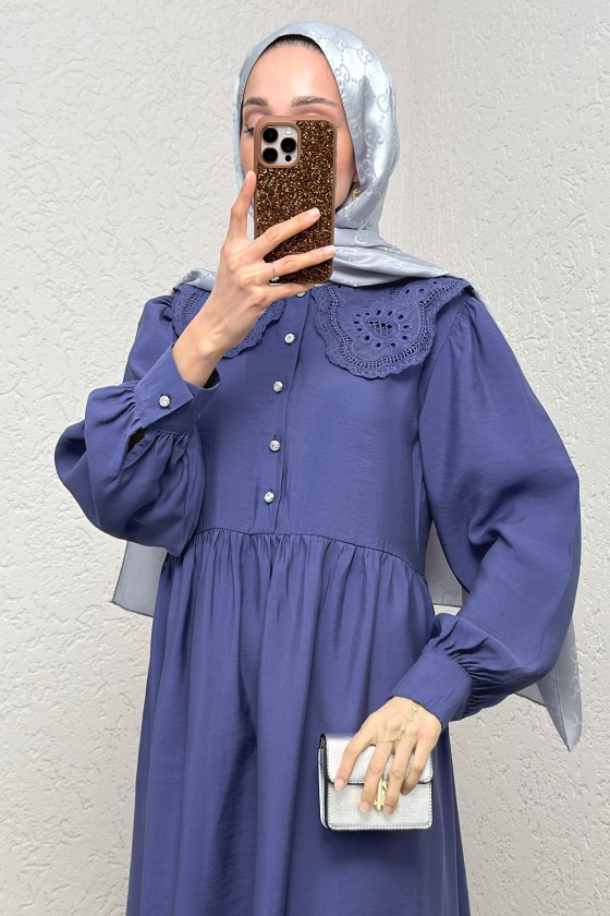 Dantel Yaka Modal Elbise 2258 - İNDİGO