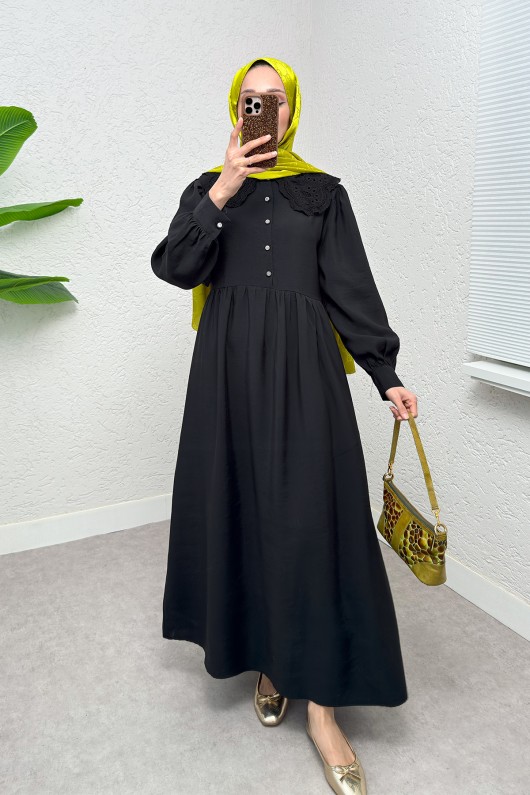 Dantel Yaka Modal Elbise 2258 - SİYAH