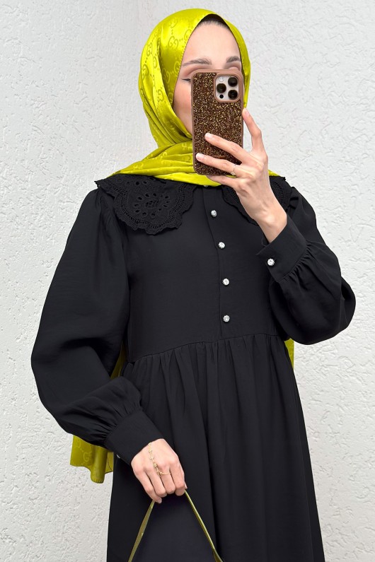 Dantel Yaka Modal Elbise 2258 - SİYAH