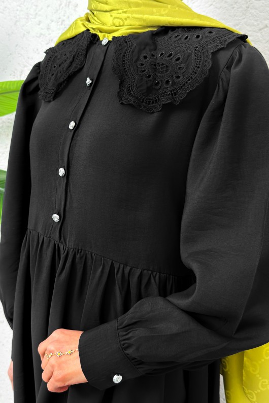 Dantel Yaka Modal Elbise 2258 - SİYAH