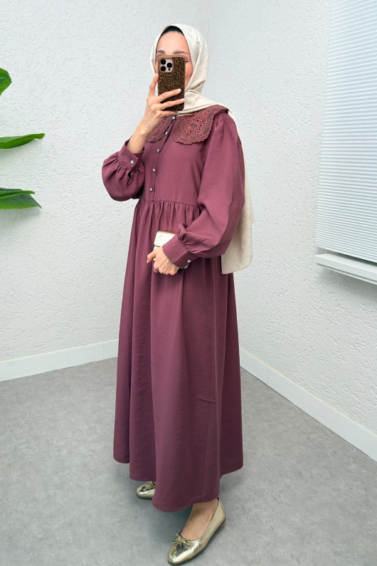 Dantel Yaka Modal Elbise 2258 - VİŞNE ÇÜRÜĞÜ Dantel Yaka Modal Elbise 2258 - VİŞNE ÇÜRÜĞÜ