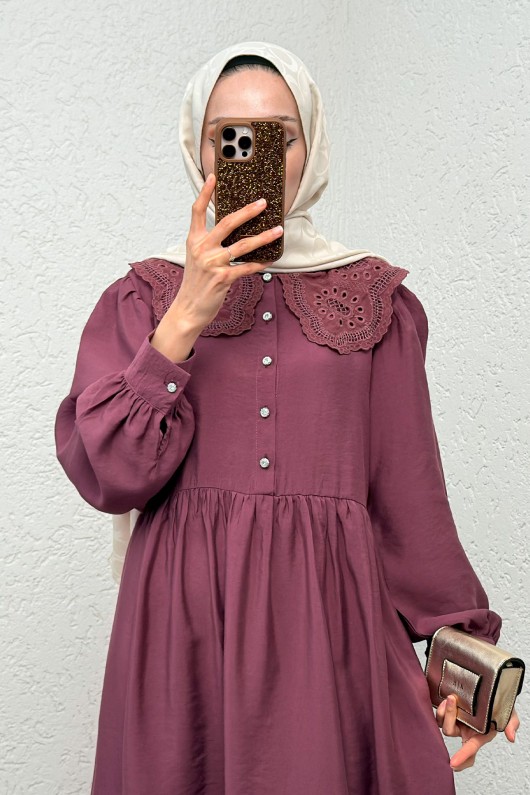 Dantel Yaka Modal Elbise 2258 - VİŞNE ÇÜRÜĞÜ Dantel Yaka Modal Elbise 2258 - VİŞNE ÇÜRÜĞÜ