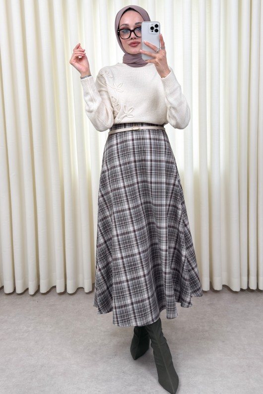 Ekose Desenli Etek 2261 - HAKİ Ekose Desenli Etek 2261 - HAKİ