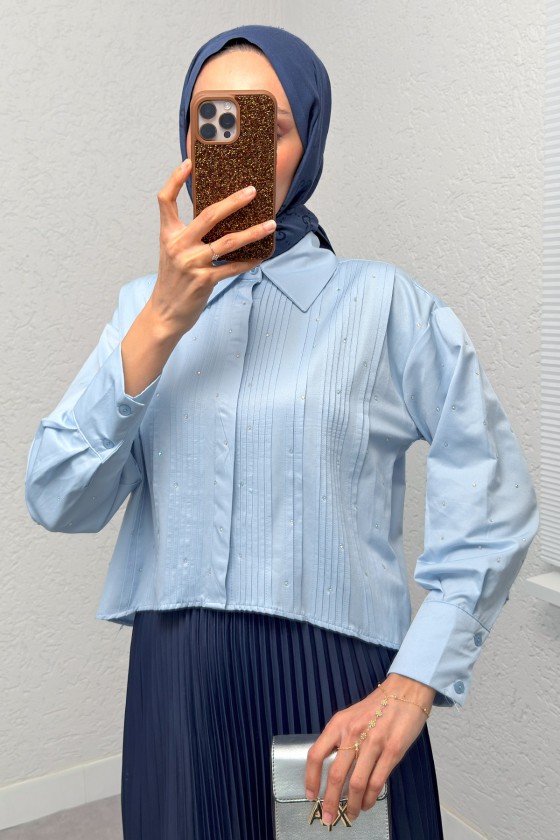 Nervürlü Taşlı Kısa Gömlek 2263 - BEBE MAVİSİ