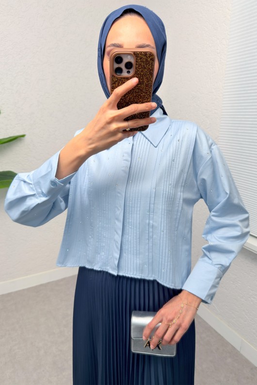 Nervürlü Taşlı Kısa Gömlek 2263 - BEBE MAVİSİ