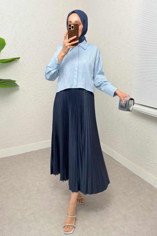 Nervürlü Taşlı Kısa Gömlek 2263 - BEBE MAVİSİ