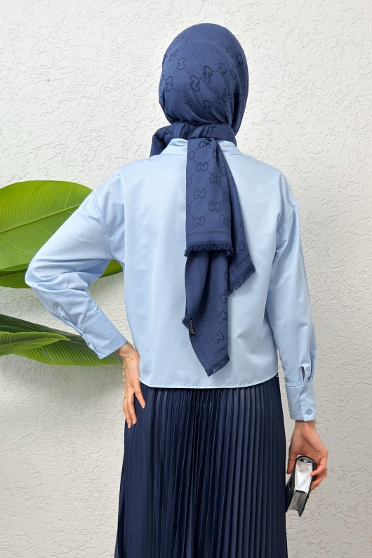 Nervürlü Taşlı Kısa Gömlek 2263 - BEBE MAVİSİ