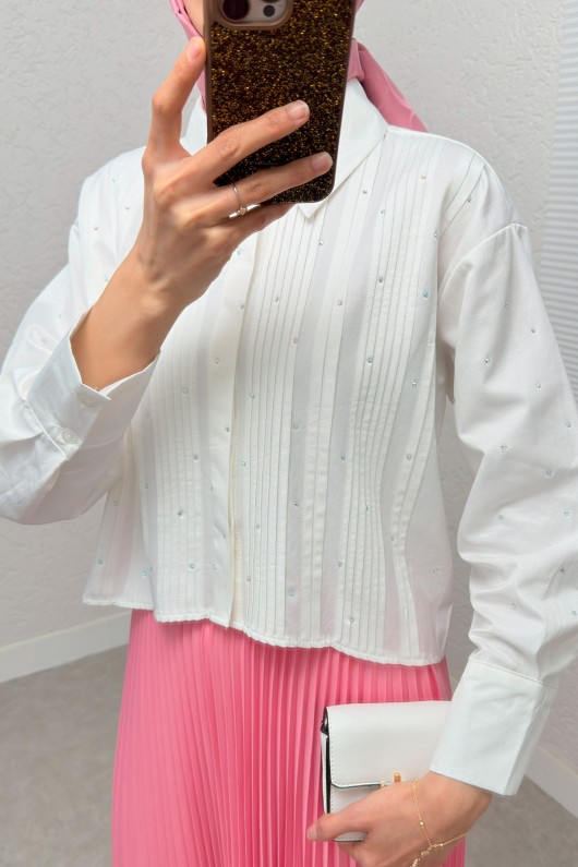 Nervürlü Taşlı Kısa Gömlek 2263 - BEYAZ