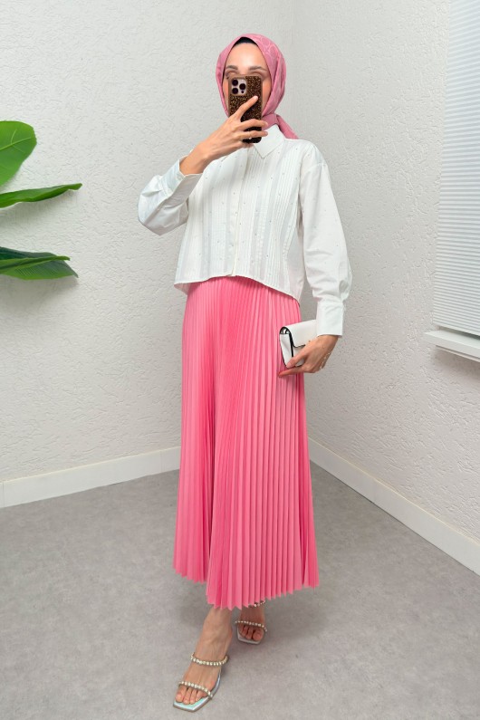 Nervürlü Taşlı Kısa Gömlek 2263 - BEYAZ