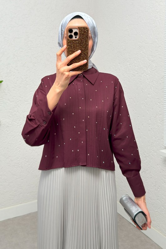 Nervürlü Taşlı Kısa Gömlek 2263 - BORDO