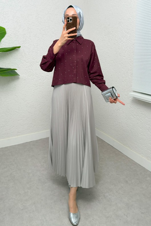 Nervürlü Taşlı Kısa Gömlek 2263 - BORDO