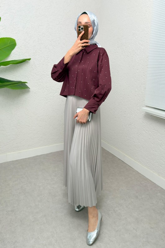 Nervürlü Taşlı Kısa Gömlek 2263 - BORDO