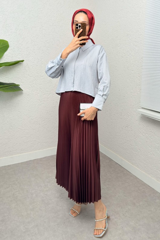 Nervürlü Taşlı Kısa Gömlek 2263 - GRİ