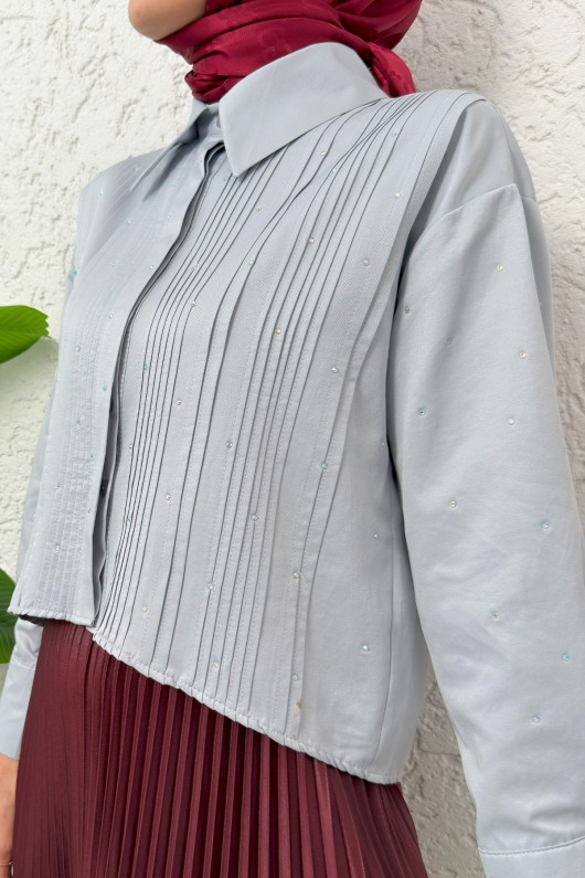 Nervürlü Taşlı Kısa Gömlek 2263 - GRİ