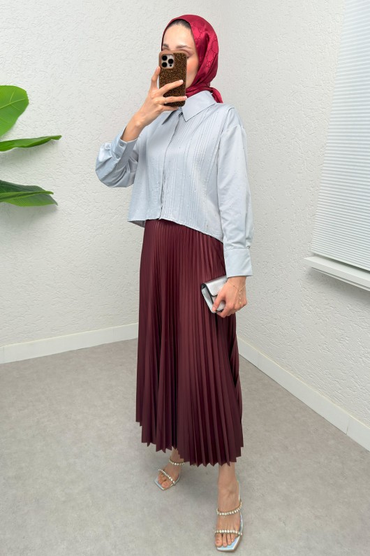 Nervürlü Taşlı Kısa Gömlek 2263 - GRİ