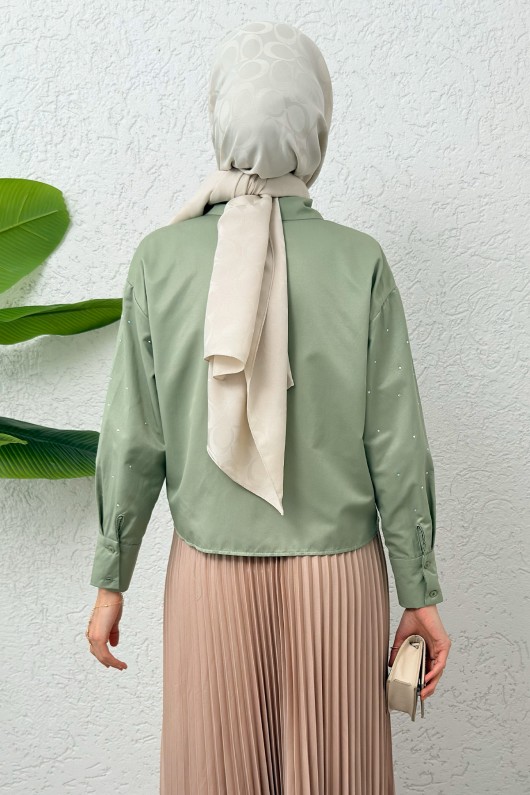 Nervürlü Taşlı Kısa Gömlek 2263 - HAKİ