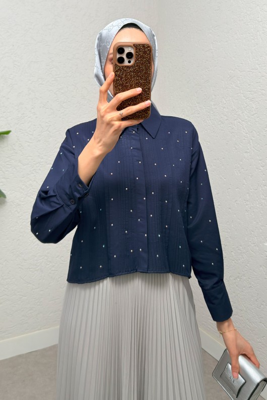 Nervürlü Taşlı Kısa Gömlek 2263 - LACİVERT