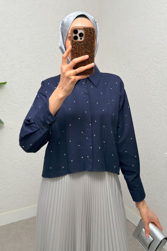 Nervürlü Taşlı Kısa Gömlek 2263 - LACİVERT