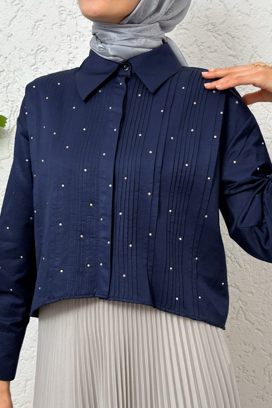 Nervürlü Taşlı Kısa Gömlek 2263 - LACİVERT