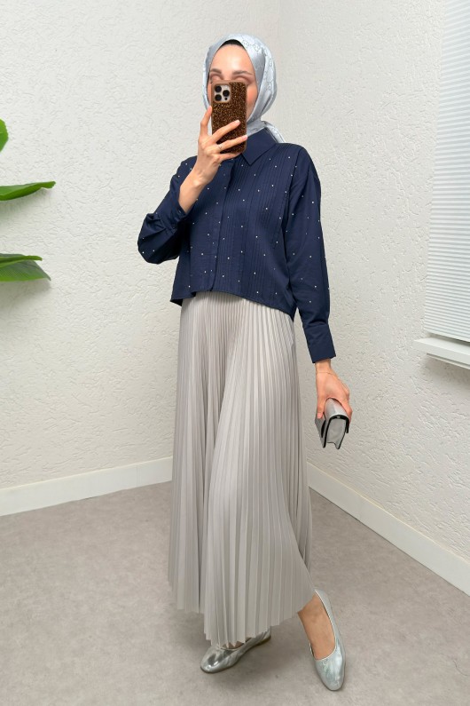 Nervürlü Taşlı Kısa Gömlek 2263 - LACİVERT