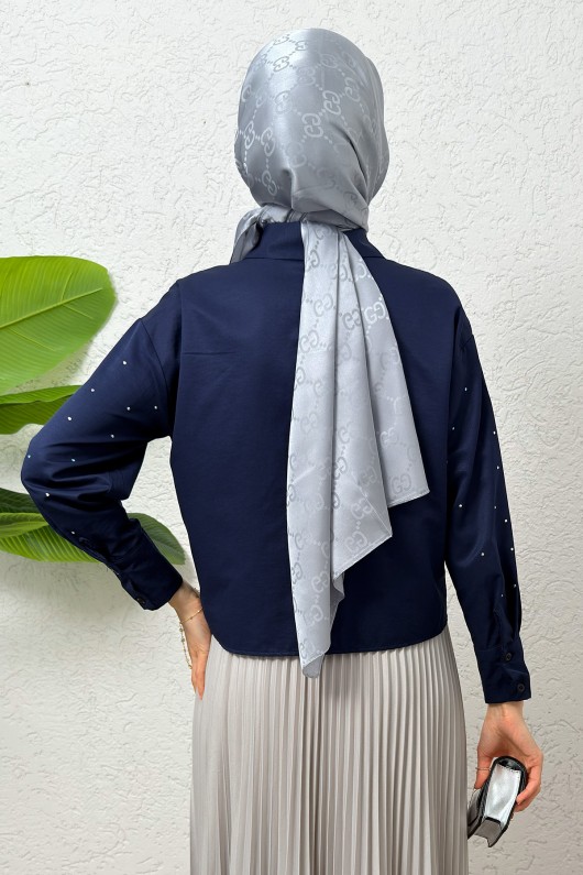 Nervürlü Taşlı Kısa Gömlek 2263 - LACİVERT
