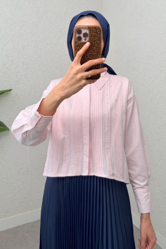 Nervürlü Taşlı Kısa Gömlek 2263 - PEMBE