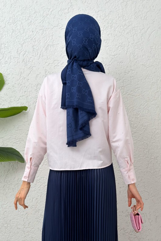 Nervürlü Taşlı Kısa Gömlek 2263 - PEMBE