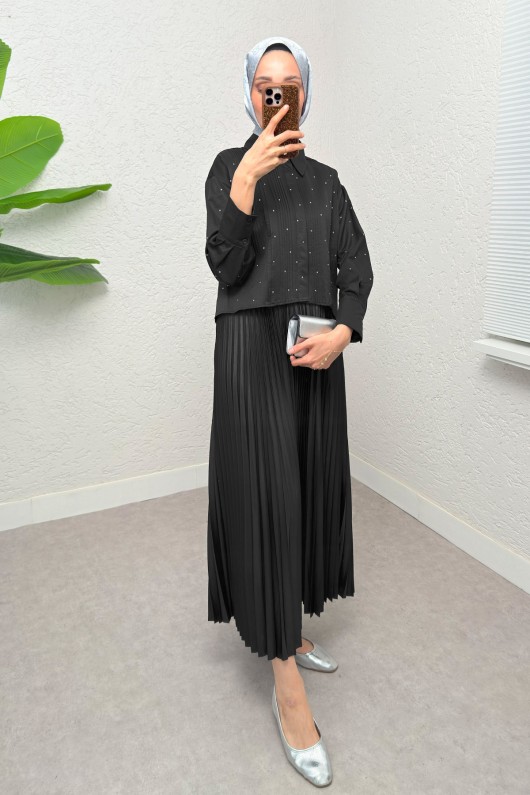 Nervürlü Taşlı Kısa Gömlek 2263 - SİYAH