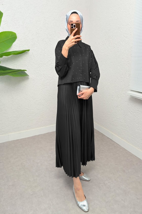 Nervürlü Taşlı Kısa Gömlek 2263 - SİYAH