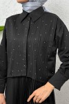 Nervürlü Taşlı Kısa Gömlek 2263 - SİYAH