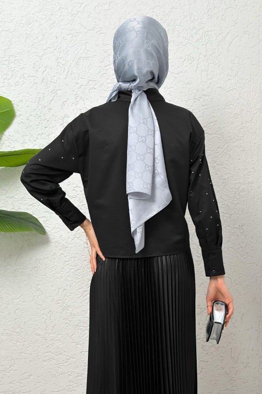 Nervürlü Taşlı Kısa Gömlek 2263 - SİYAH