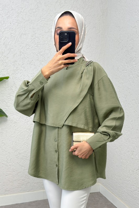 Broş Detaylı Tesettür Tunik 2264 - HAKİ