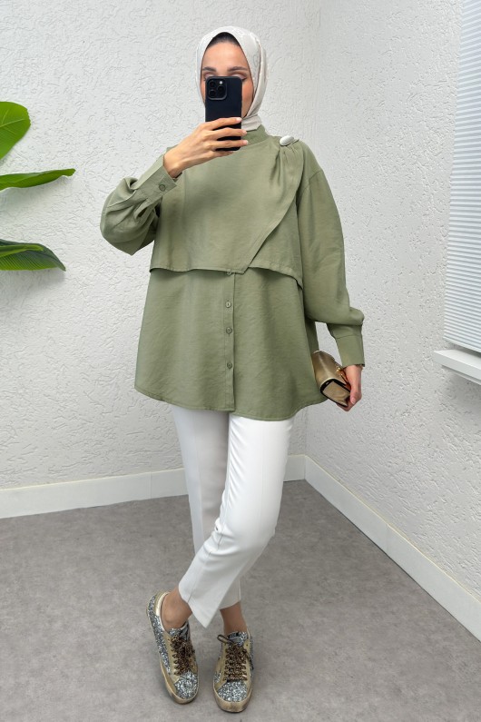 Broş Detaylı Tesettür Tunik 2264 - HAKİ