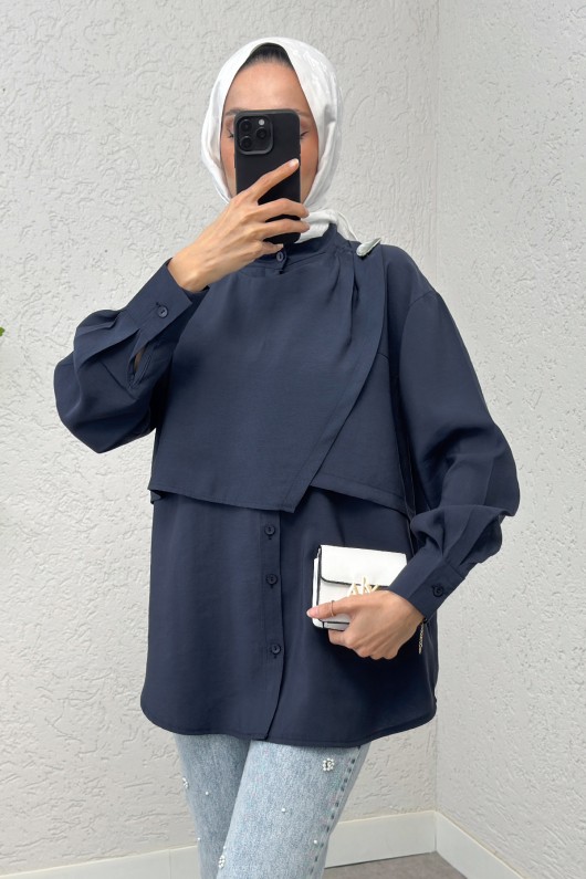 Broş Detaylı Tesettür Tunik 2264 - LACİVERT