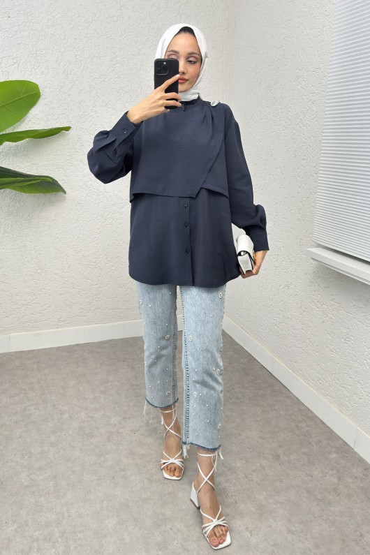 Broş Detaylı Tesettür Tunik 2264 - LACİVERT
