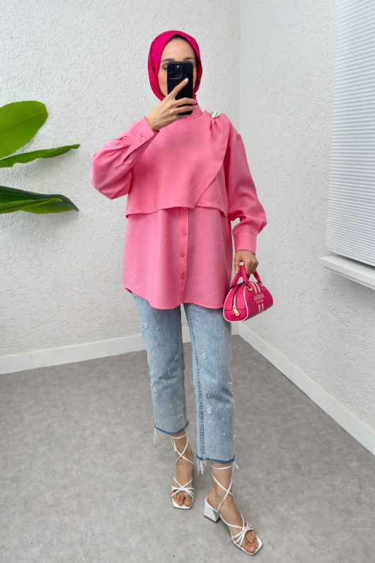 Broş Detaylı Tesettür Tunik 2264 - PEMBE