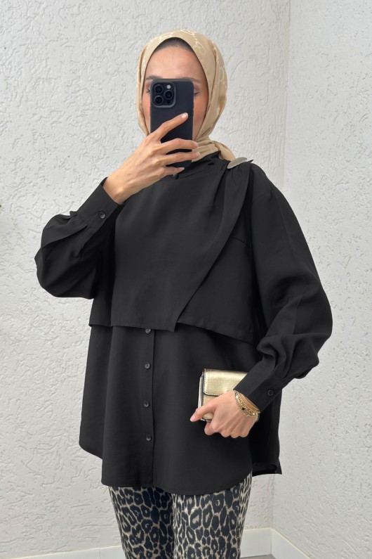 Broş Detaylı Tesettür Tunik 2264 - SİYAH