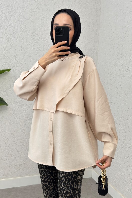 Broş Detaylı Tesettür Tunik 2264 - TAŞ RENGİ Broş Detaylı Tesettür Tunik 2264 - TAŞ RENGİ