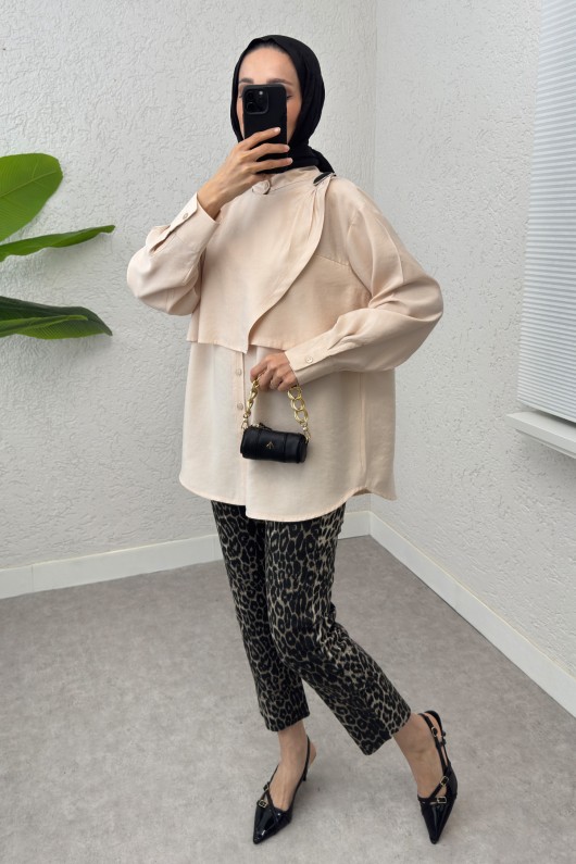 Broş Detaylı Tesettür Tunik 2264 - TAŞ RENGİ Broş Detaylı Tesettür Tunik 2264 - TAŞ RENGİ