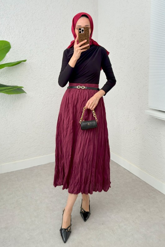Kırışık Tesettür Etek 2266 - BORDO