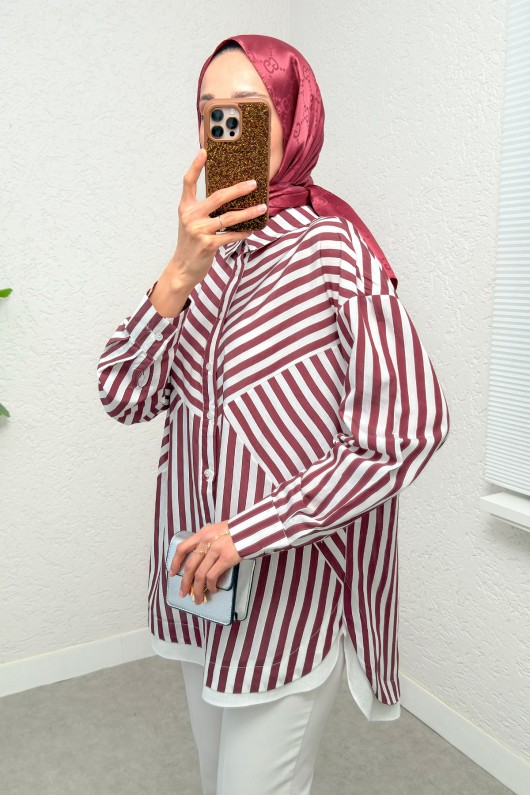 Asimetrik Çizgili Tesettür Gömlek 2267 - BORDO