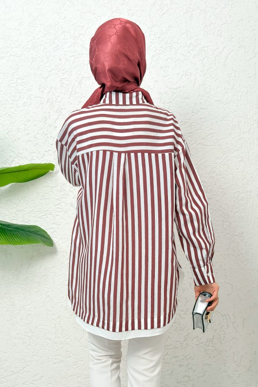 Asimetrik Çizgili Tesettür Gömlek 2267 - BORDO