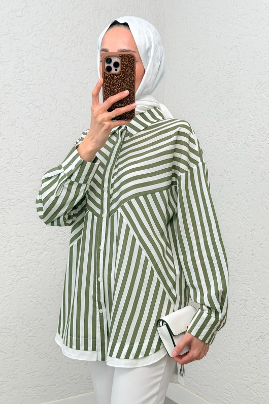 Asimetrik Çizgili Tesettür Gömlek 2267 - HAKİ