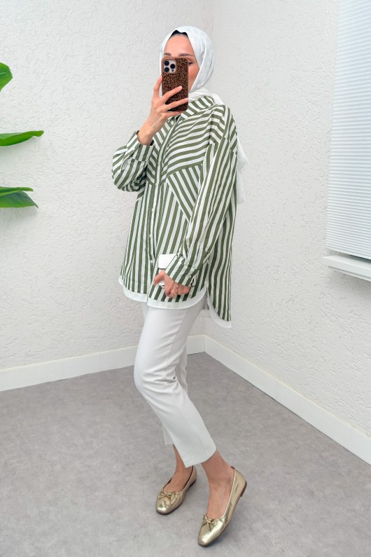 Asimetrik Çizgili Tesettür Gömlek 2267 - HAKİ