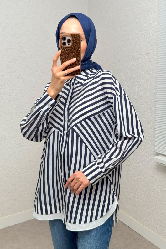 Asimetrik Çizgili Tesettür Gömlek 2267 - LACİVERT