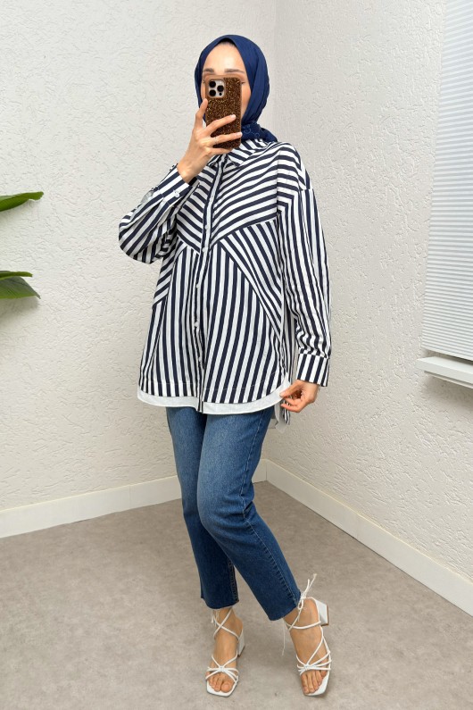 Asimetrik Çizgili Tesettür Gömlek 2267 - LACİVERT