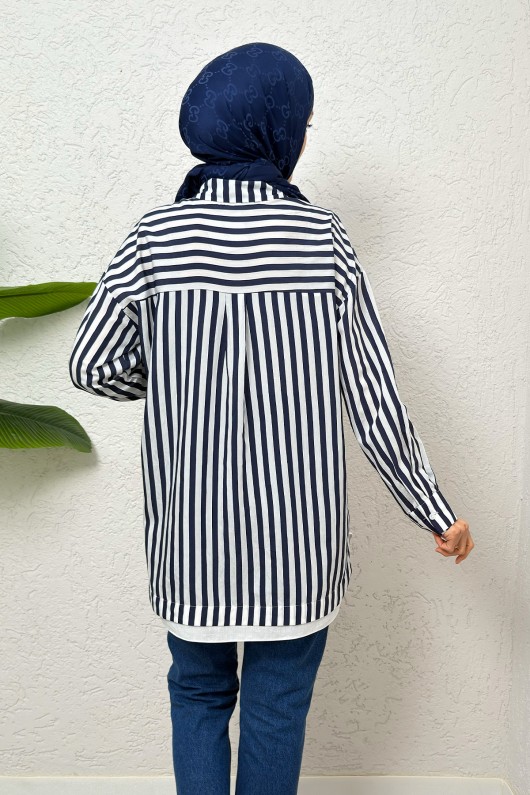 Asimetrik Çizgili Tesettür Gömlek 2267 - LACİVERT